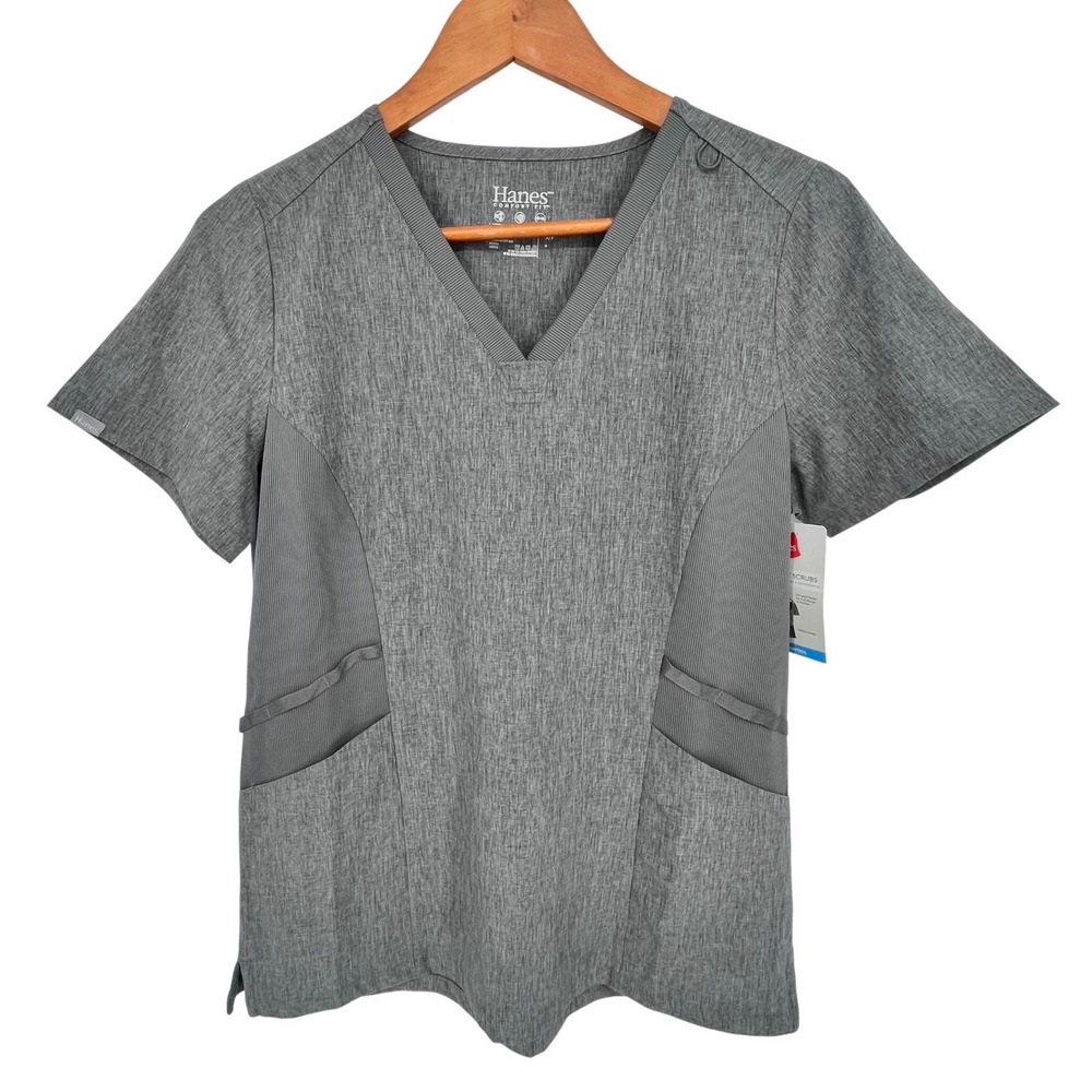Hanes Scrub Top Women Small Grey Comfort Fit V-Neck Odor Control Healthcare